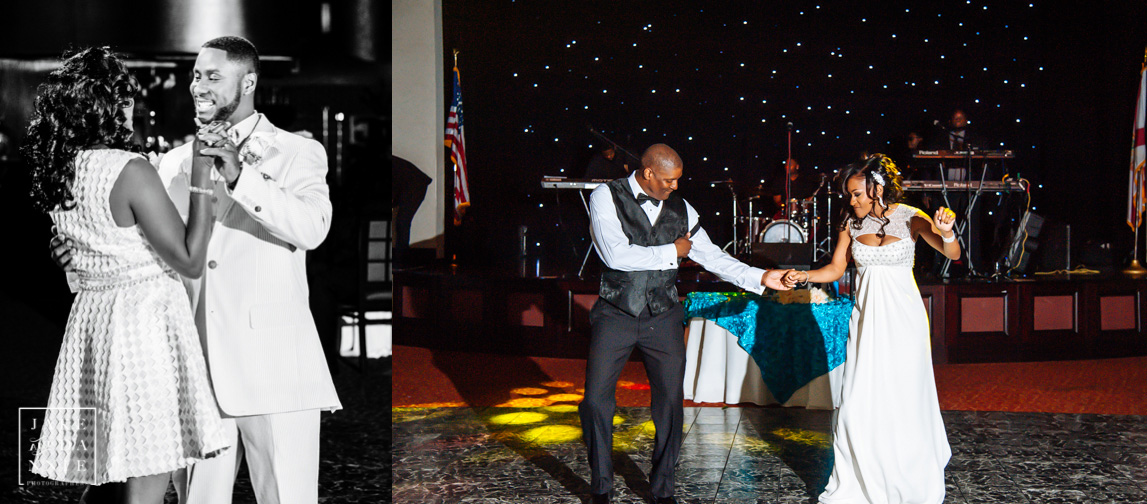 The bride dances with her father and the groom dances with his mother