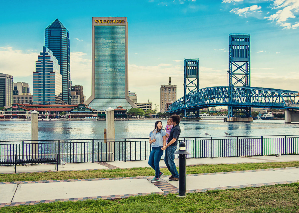 family photo at The Friendship Fountain park in jacksonville, florida