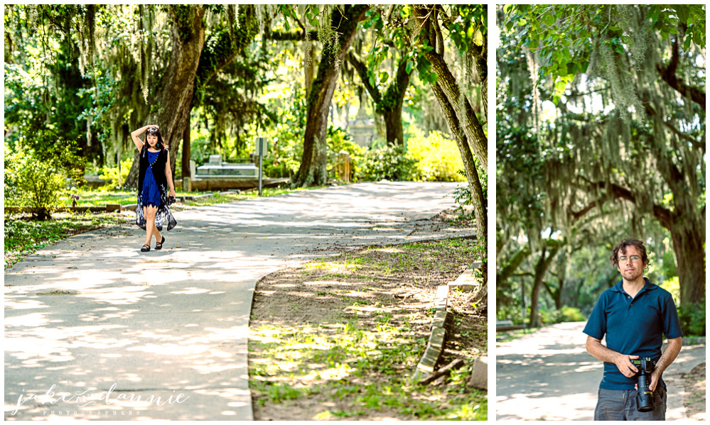 Dannie walks through the cemetery wearing a black dress. Jake gets ready for more photography