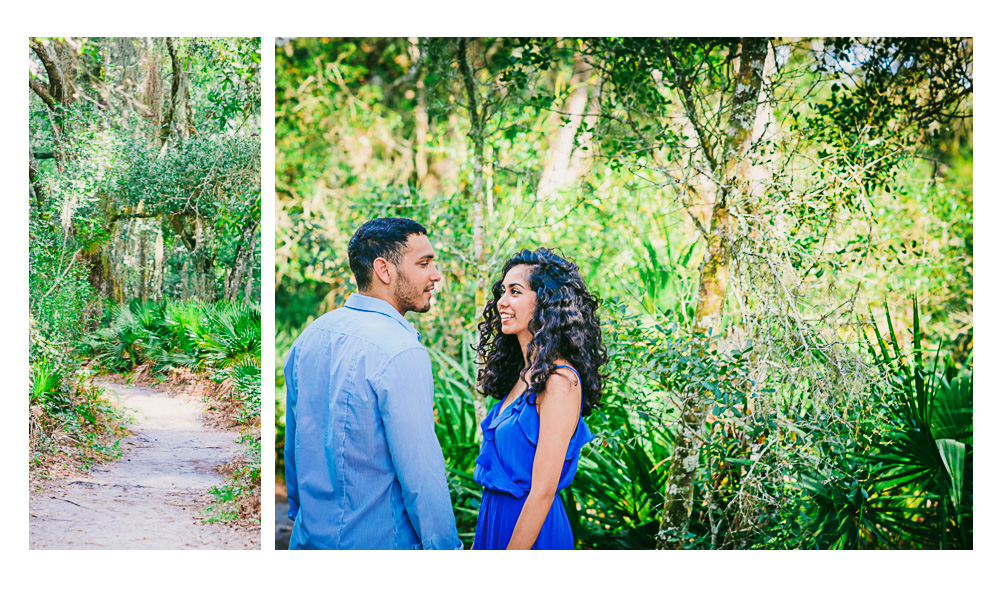 Amy and Luigi walk down trail in engagement photo.