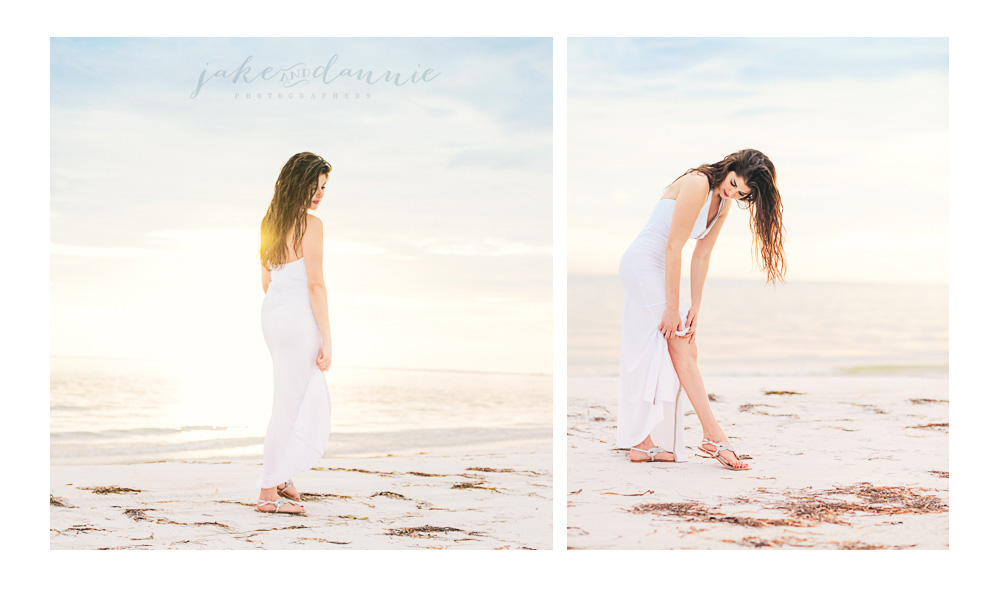 Sun shines through models hair in white dress