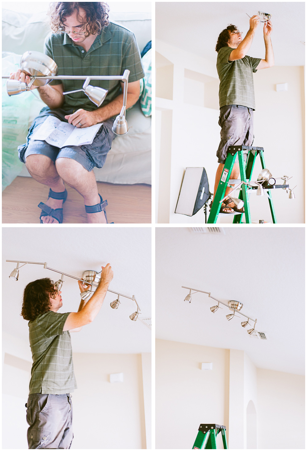 four photos of Jake installing the new lighting on the ceiling of our photography studio