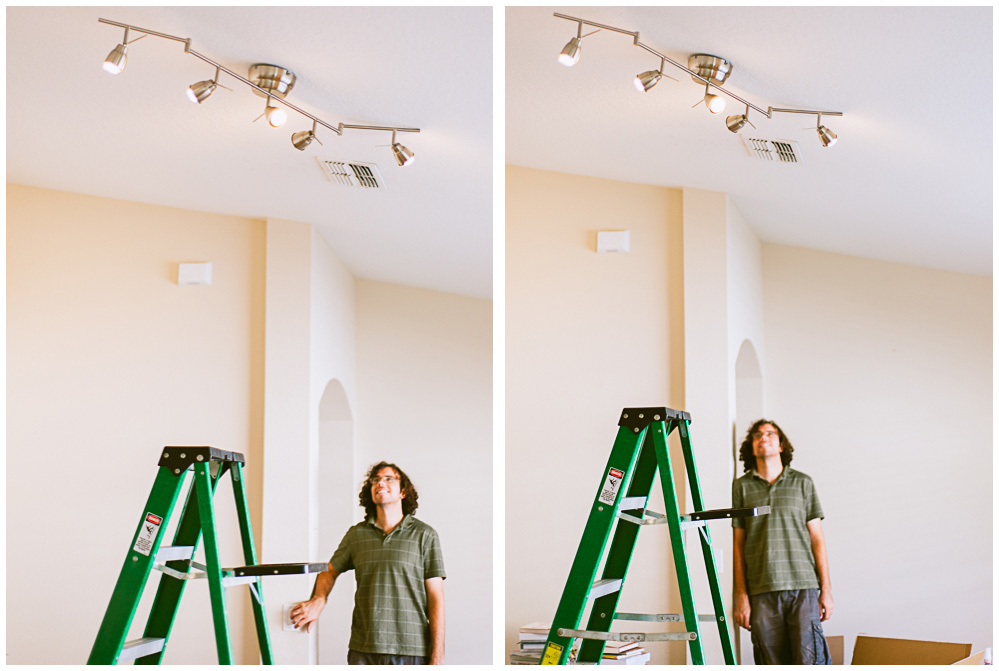 After installing the new lights, Jake admires his handiwork