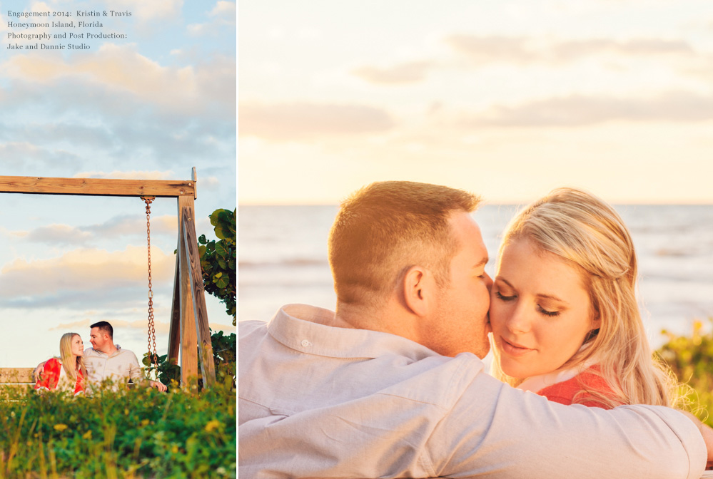 engaged couple sit on a swing as sunset approaches