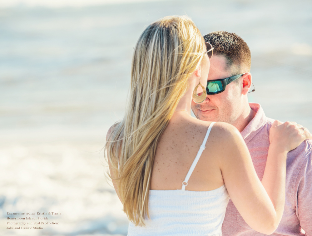 Bride to be kisses fiance on head at honeymoon island