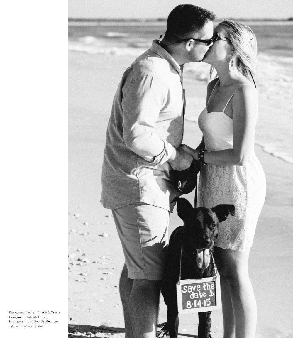 Kissing on the beach while dog smiles for photo